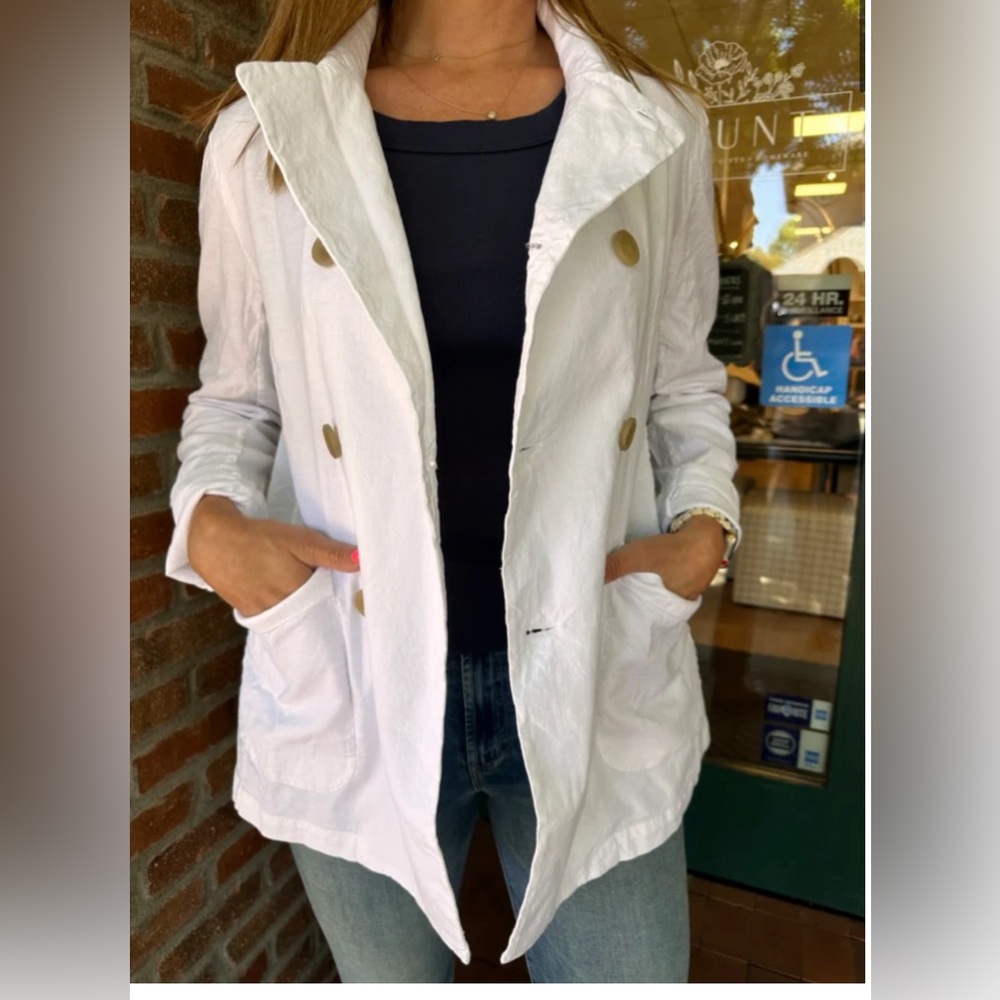 Frank and Eileen white linen peacoat.